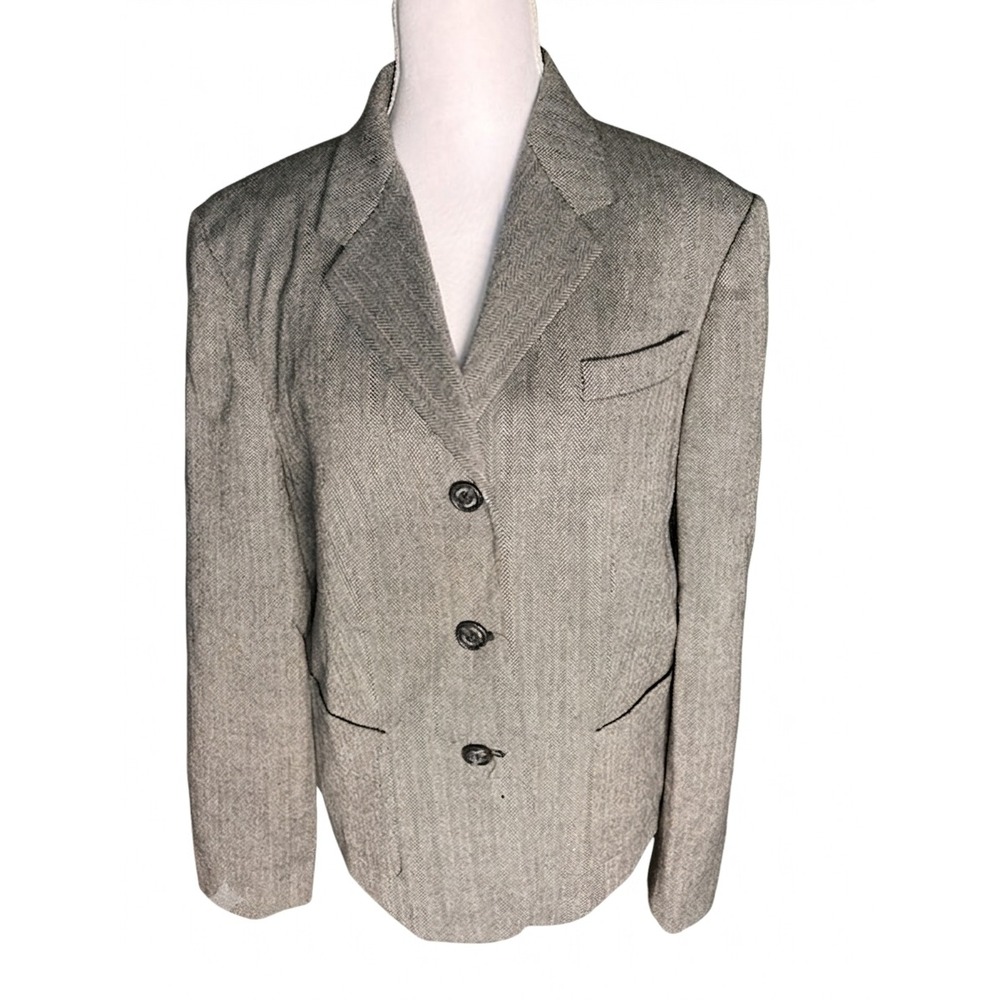 Chaps Ralph Lauren Blazer Women 16 Black Herringbone 100% Wool Tweed Suit Jacket